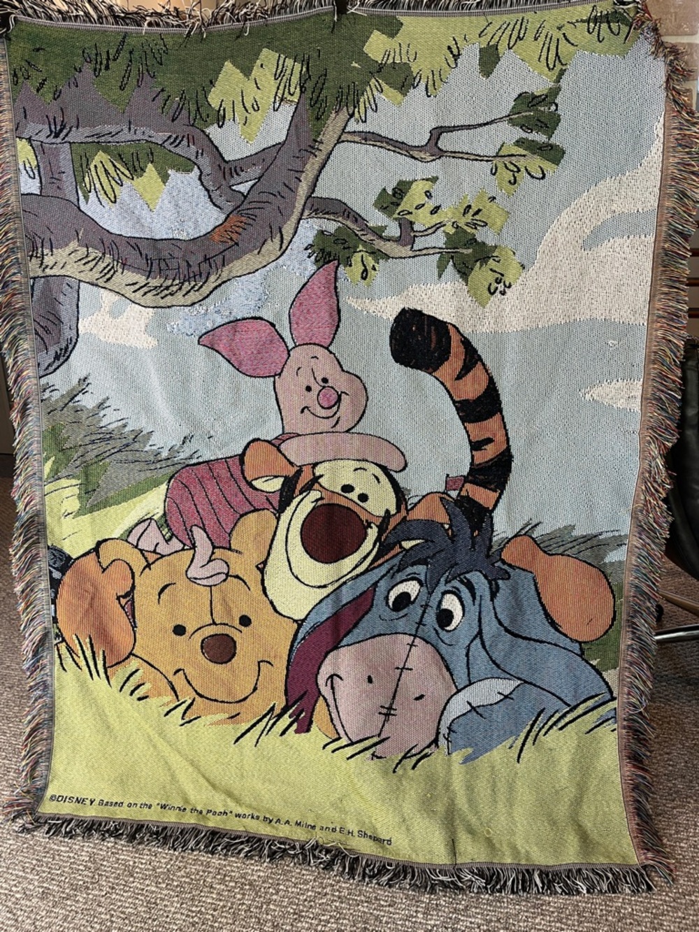 Vintage Disney Winnie the Pooh Woven Throw Tapestry 45” x 60” piglet tigger